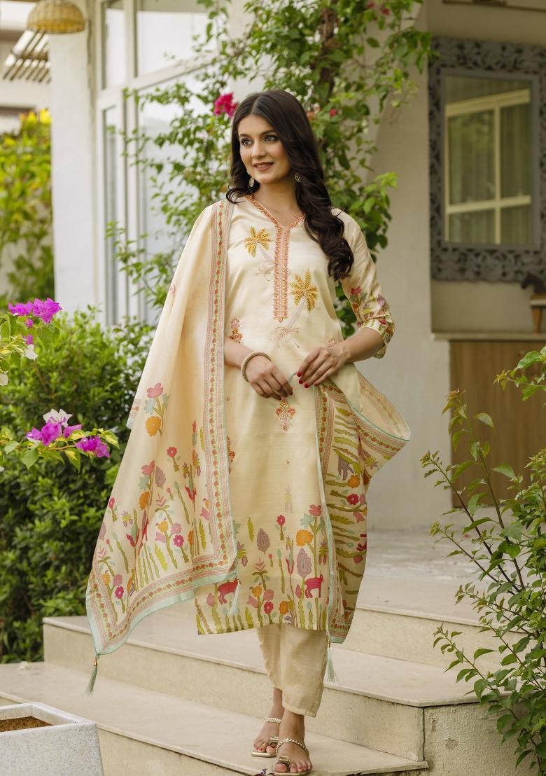 Brown Viscose Embroidered Kurta Set