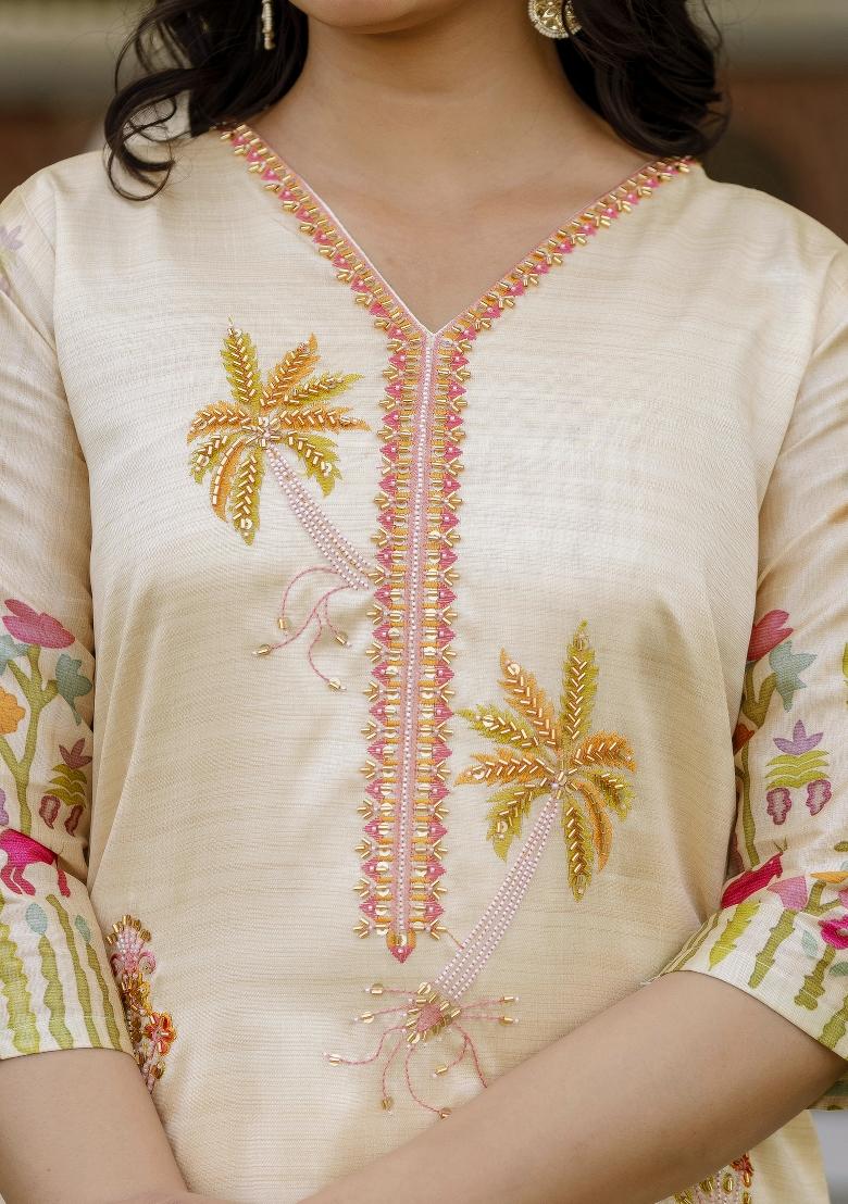 Brown Viscose Embroidered Kurta Set