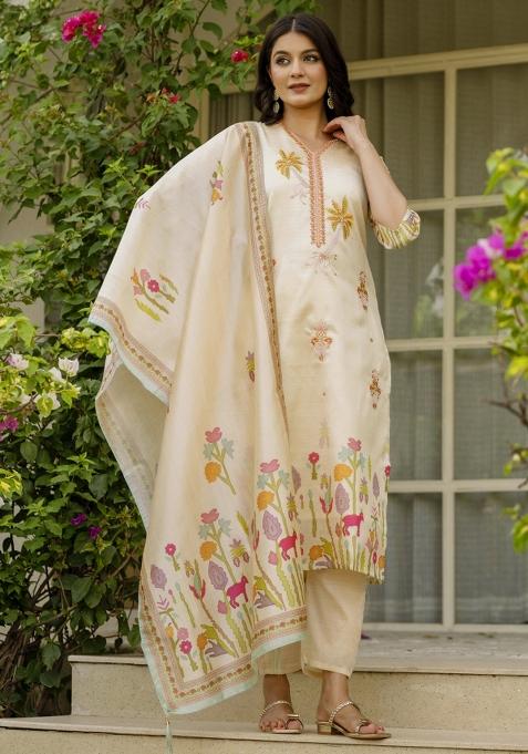 Brown Viscose Embroidered Kurta Set