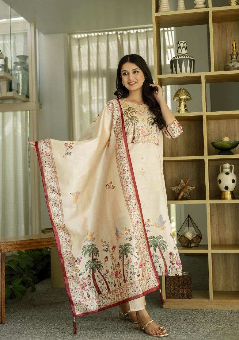 Brown Viscose Embroidered Kurta Set