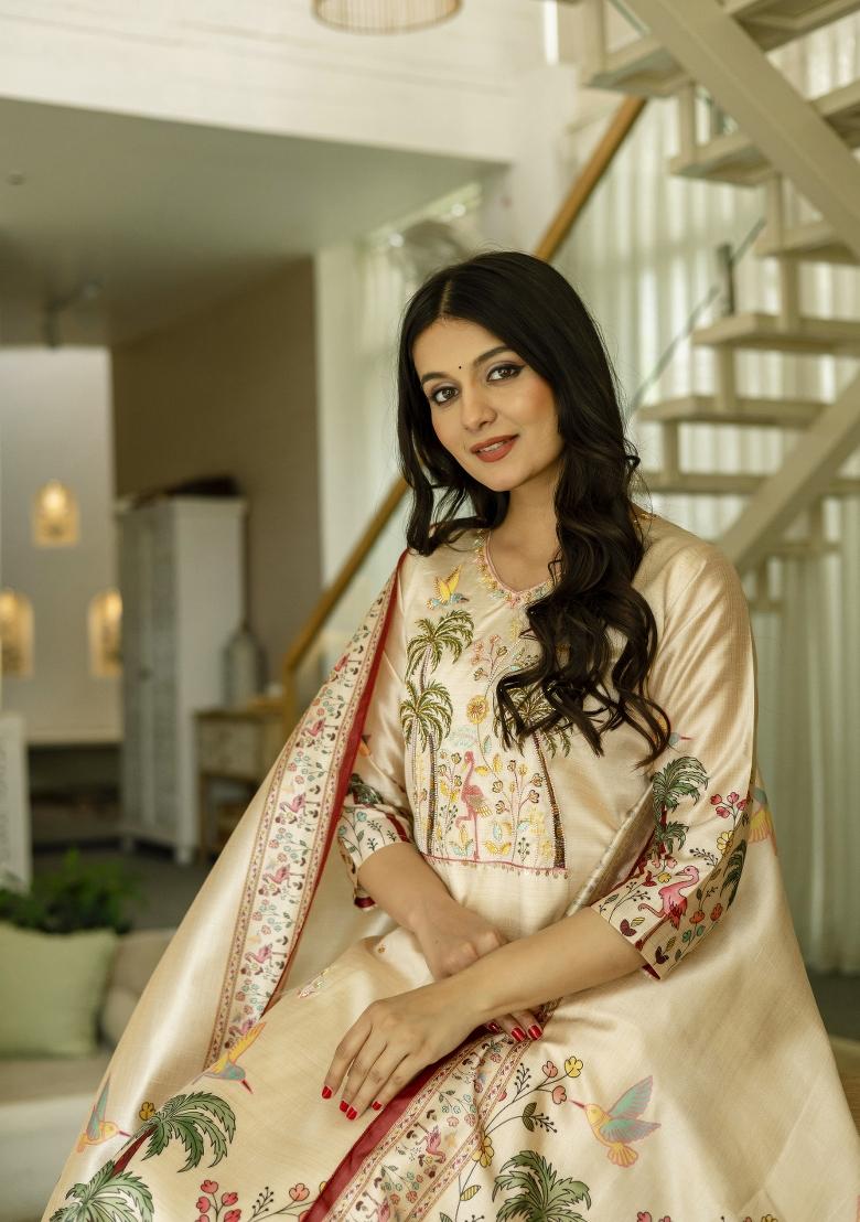 Brown Viscose Embroidered Kurta Set