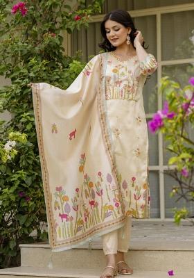 Brown Viscose Embroidered Kurta Set