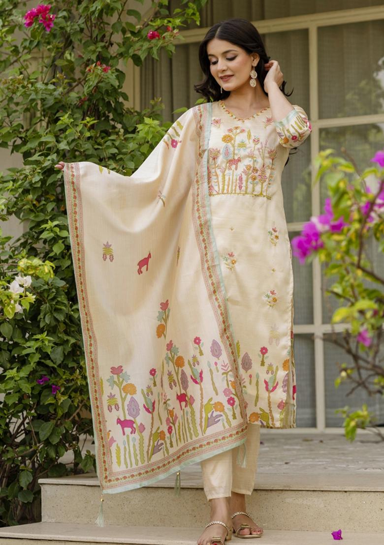 Brown Viscose Embroidered Kurta Set