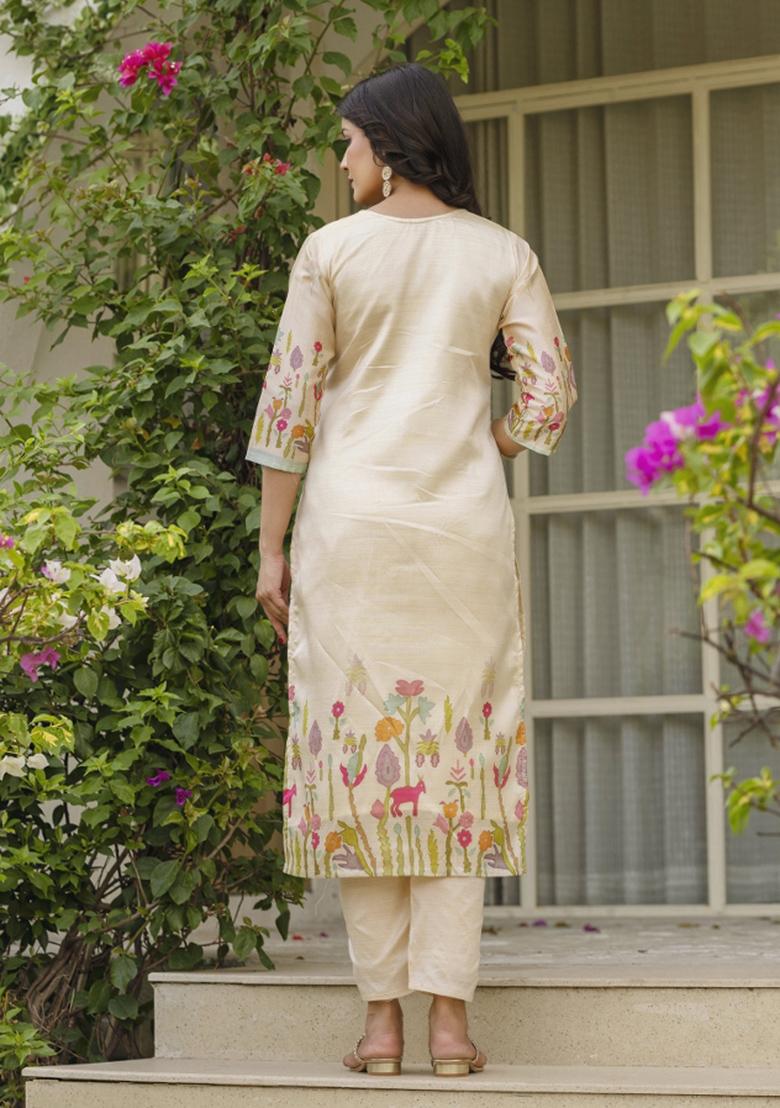 Brown Viscose Embroidered Kurta Set