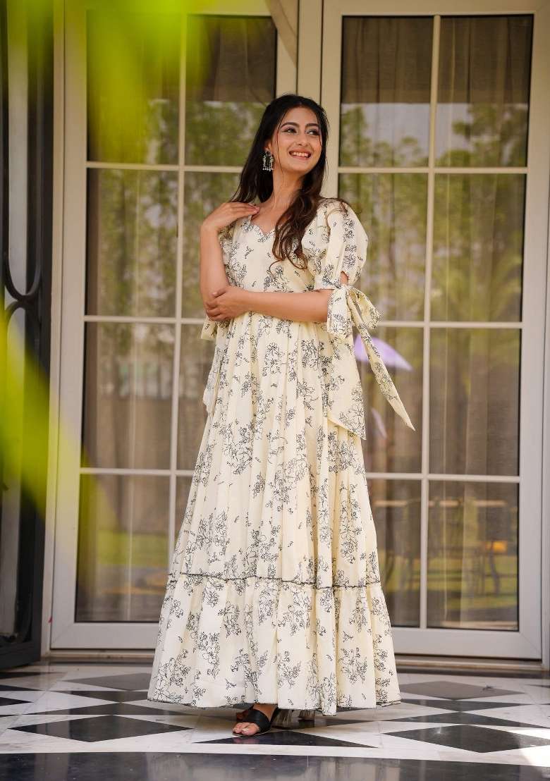 White Floral Print Rayon Gown - Indya