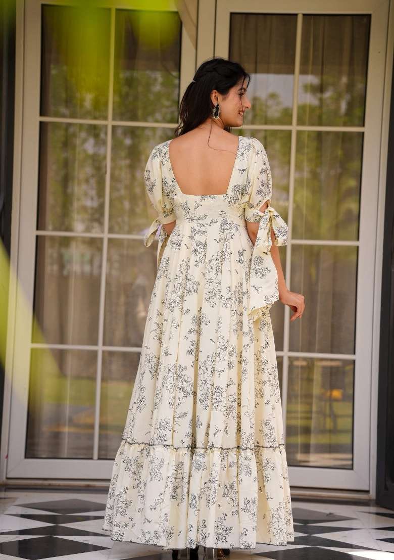 White Floral Print Rayon Gown - Indya