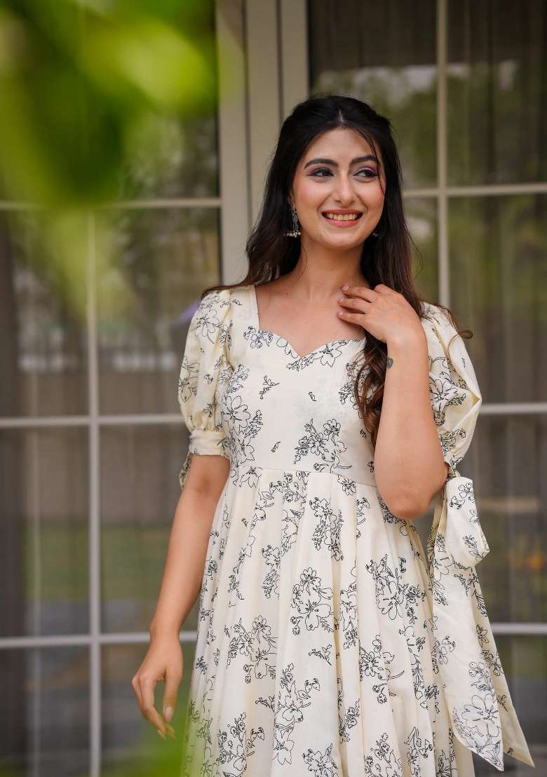 White Floral Print Rayon Gown - Indya