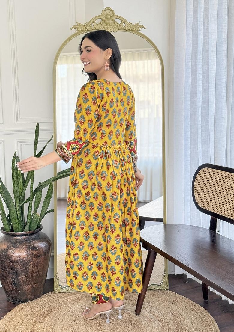 Yellow Rayon Printed Kurta Set