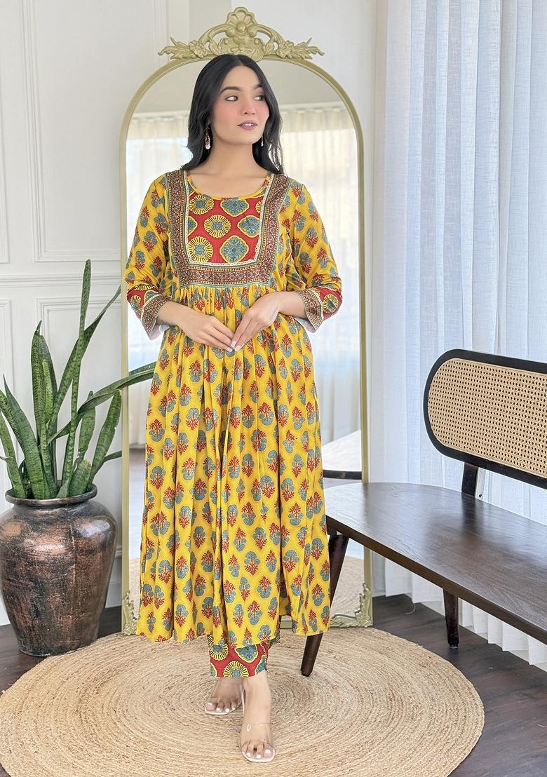Yellow Rayon Printed Kurta Set