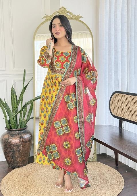 Yellow Rayon Printed Kurta Set