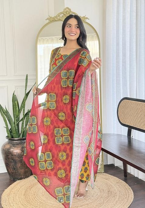 Yellow Rayon Printed Kurta Set