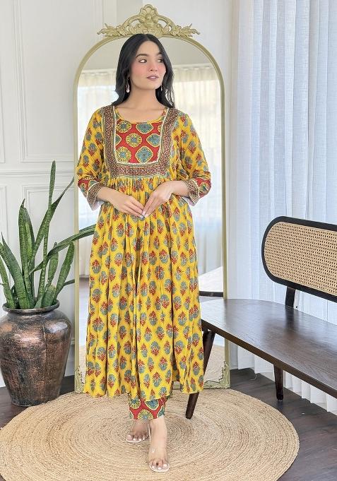 Yellow Rayon Printed Kurta Set