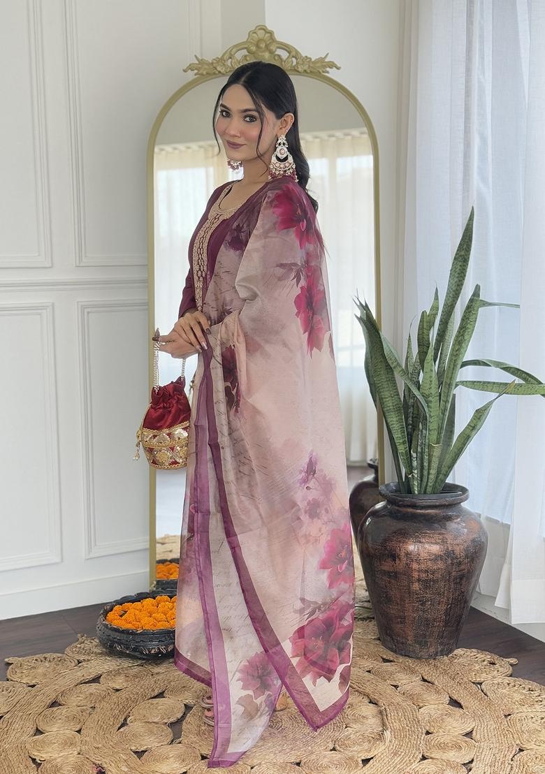 Maroon Rayon Embroidered Kurta Set