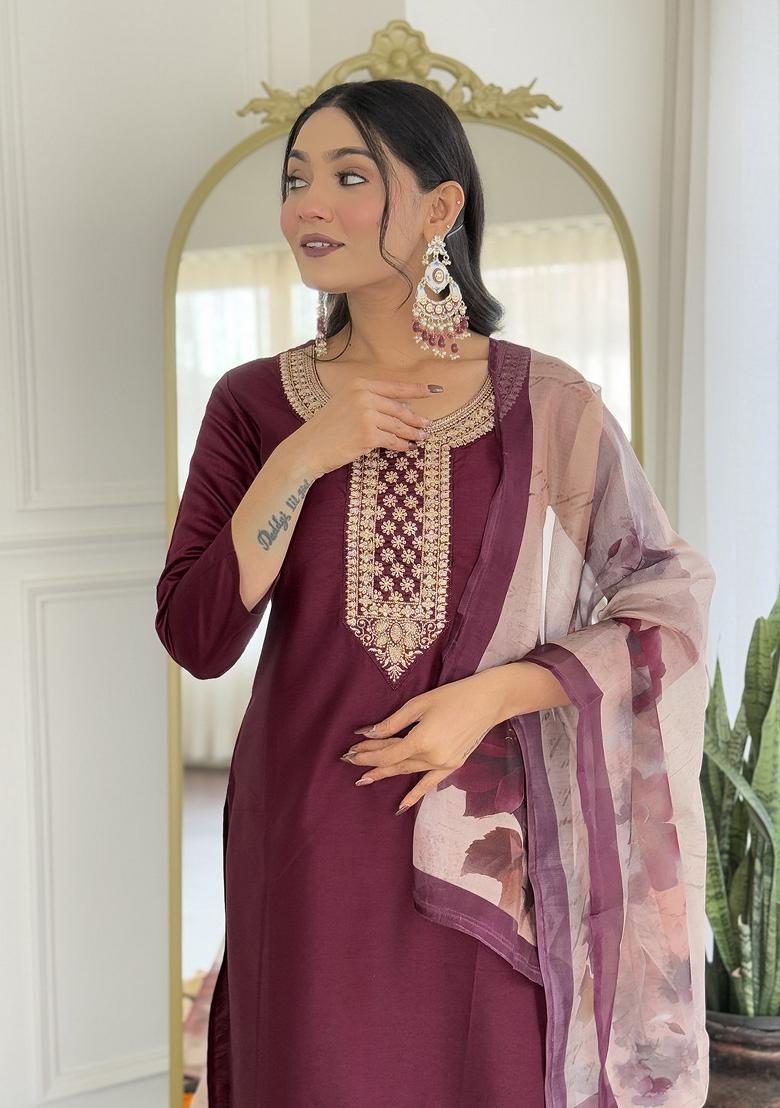Maroon Rayon Embroidered Kurta Set