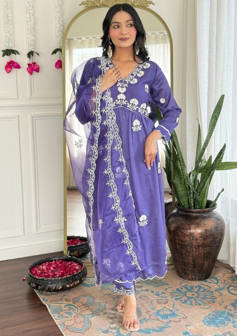 Purple Vichitra Silk Embroidered Kurta Set