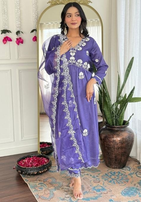 Purple Vichitra Silk Embroidered Kurta Set