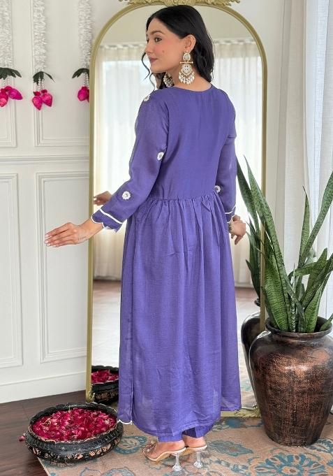 Purple Vichitra Silk Embroidered Kurta Set