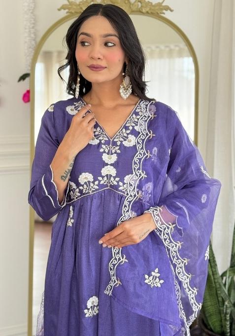 Purple Vichitra Silk Embroidered Kurta Set