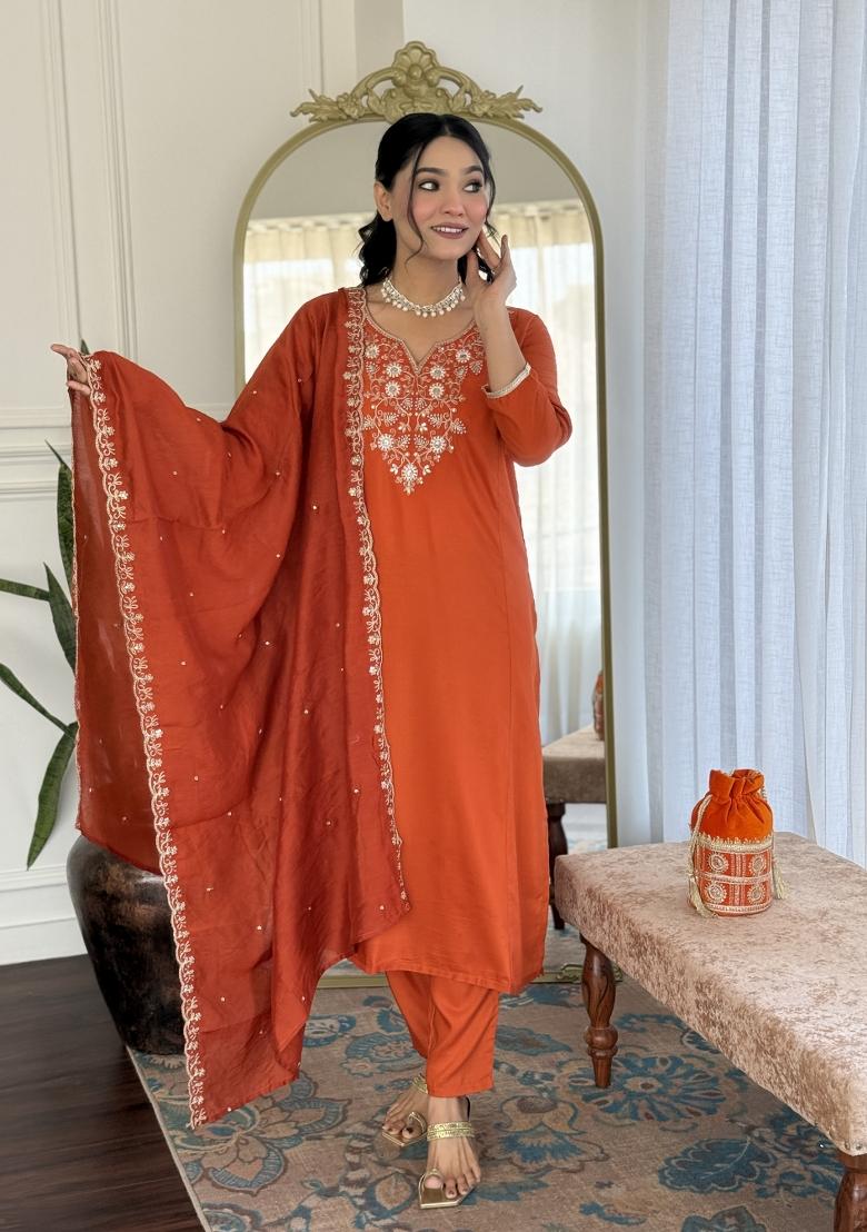 Orange Chanderi Cotton Embroidered Kurta Set