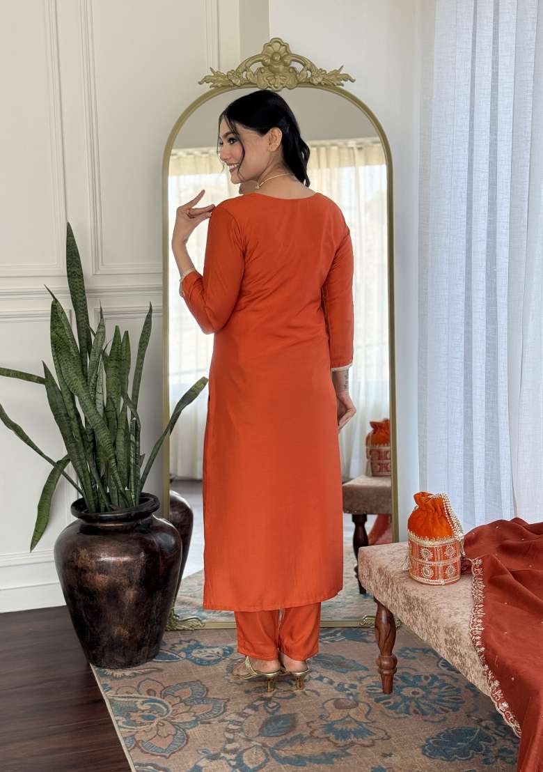 Orange Embroidered Cotton Straight Kurta Set - Indya