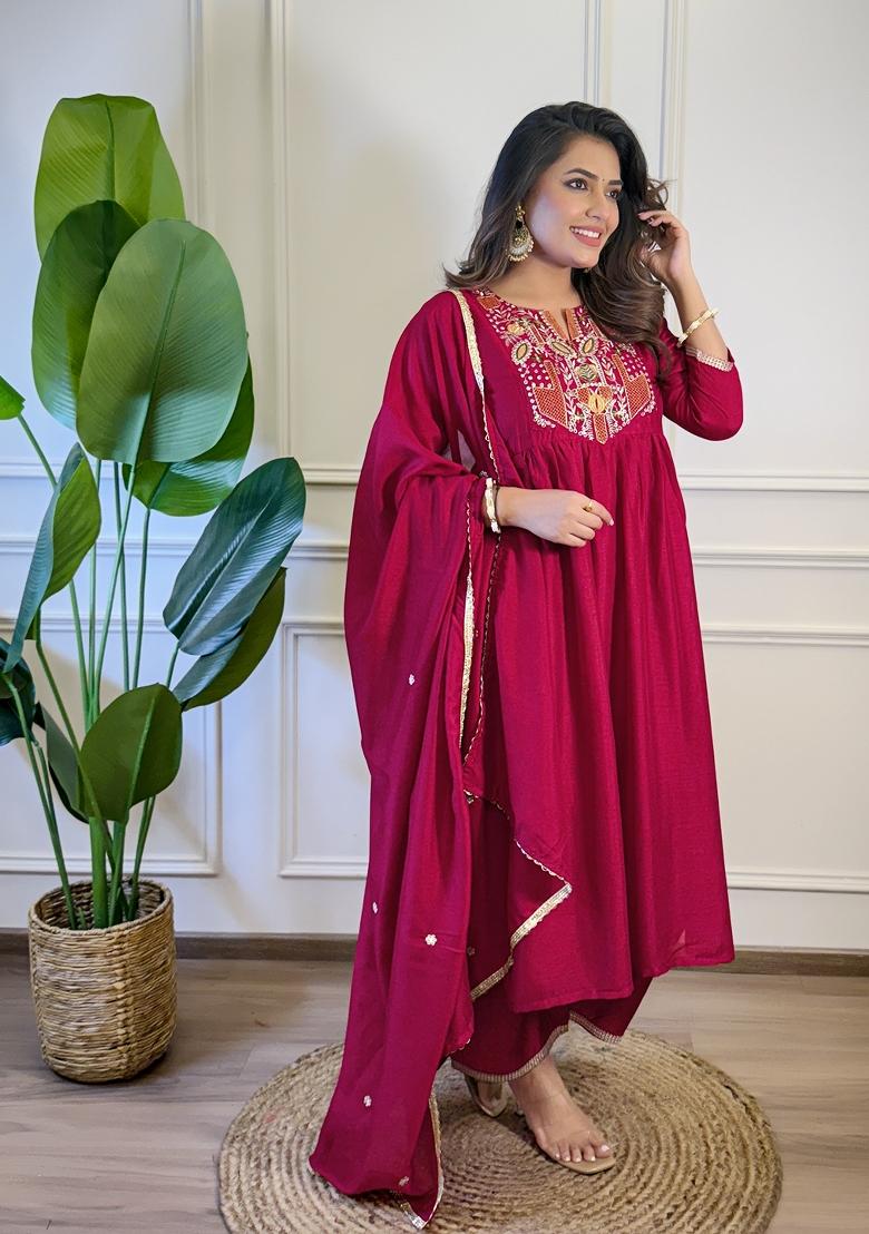 Red Vichitra Silk Embroidered Kurta Set