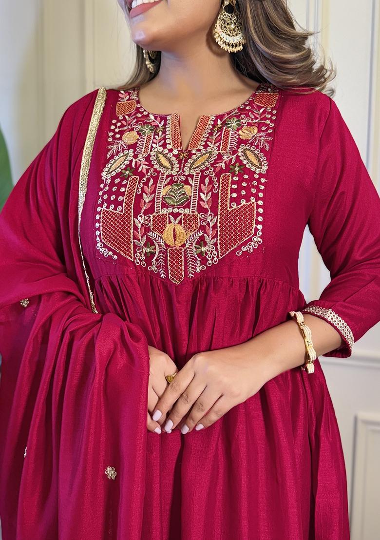 Red Vichitra Silk Embroidered Kurta Set