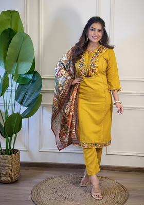 Yellow Viscose Embroidered Kurta Set