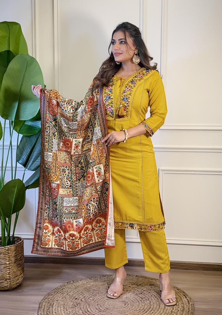 Yellow Viscose Embroidered Kurta Set
