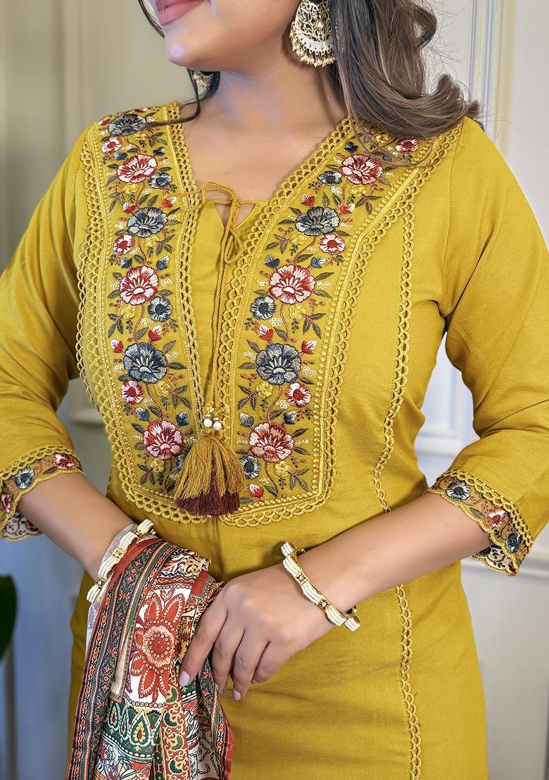 Yellow Viscose Embroidered Kurta Set