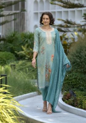 Green Tissue Thread Work Kurta Set