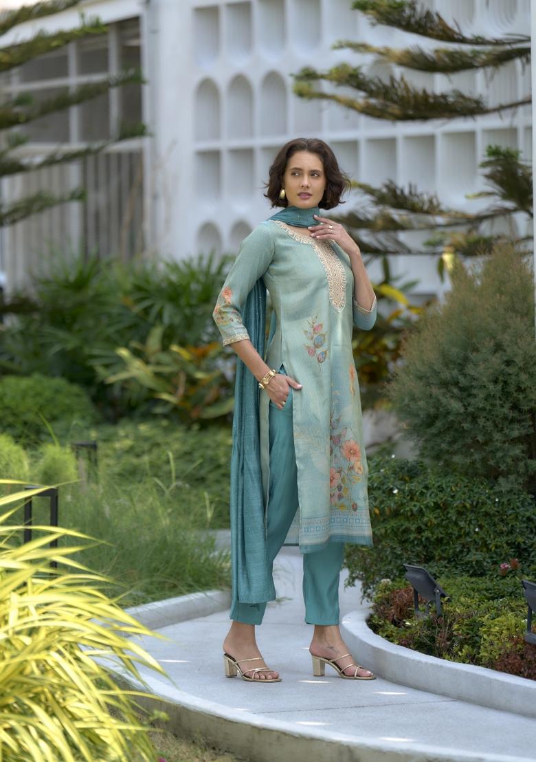 Green Tissue Thread Work Kurta Set