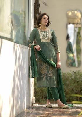 Green Tissue Thread Work Kurta Set