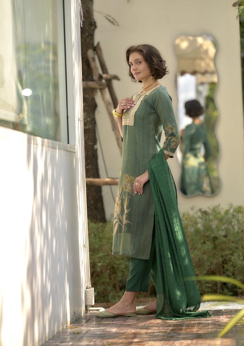 Green Tissue Thread Work Kurta Set