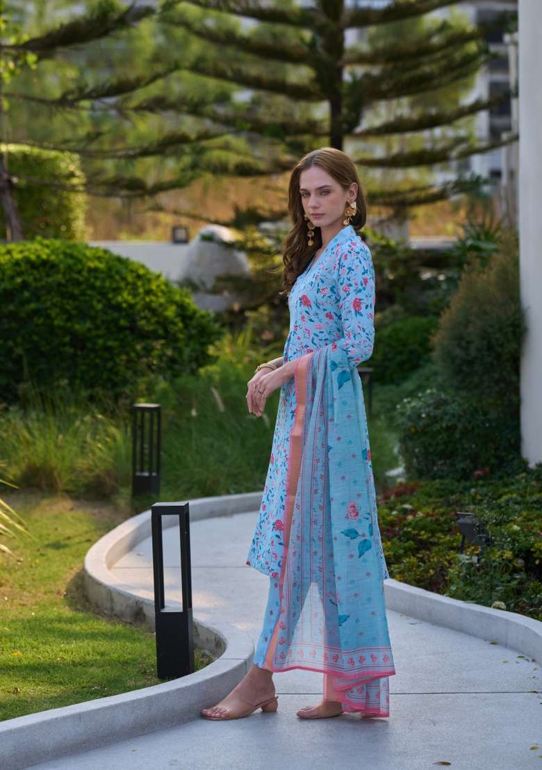 Blue Pure Cotton Printed Kurta Set - Indya