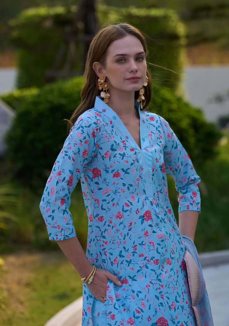 Blue Pure Cotton Printed Kurta Set - Indya