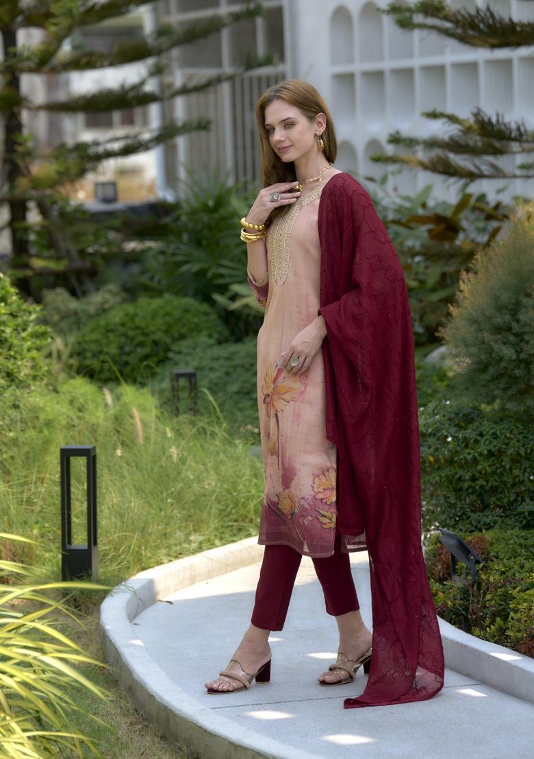 Peach Tissue Thread Work Kurta Set