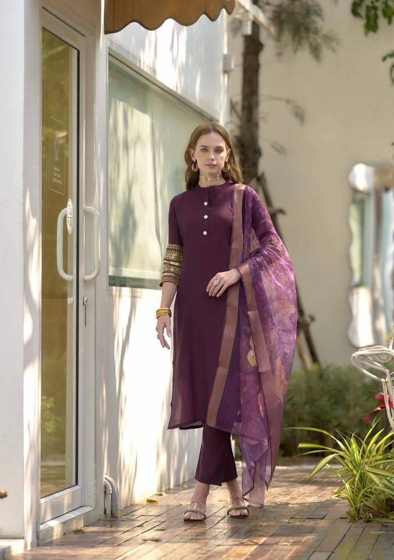 Wine Poly Blend Printed Kurta Set