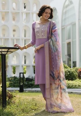 Purple Viscose Printed Kurta Set