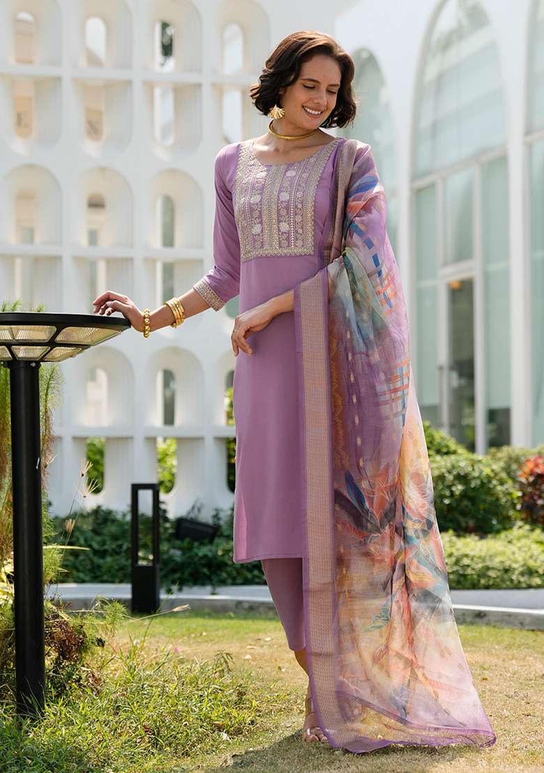 Purple Viscose Printed Kurta Set - Indya