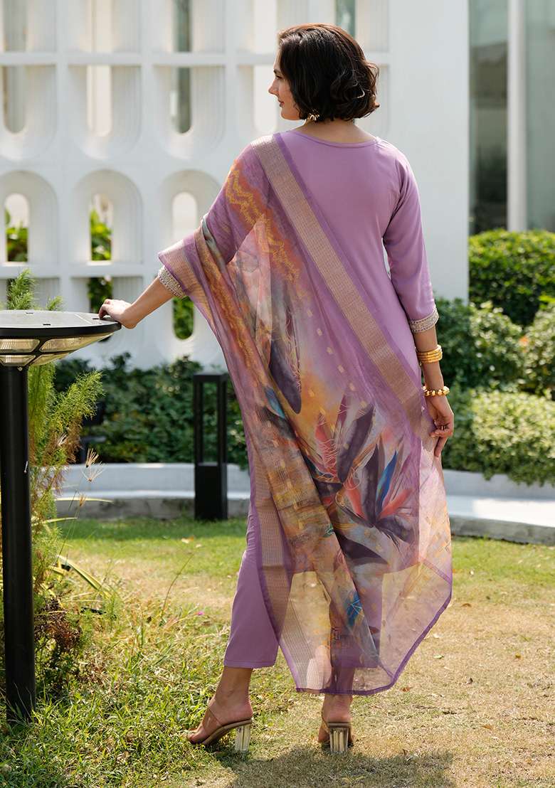 Purple Viscose Printed Kurta Set - Indya