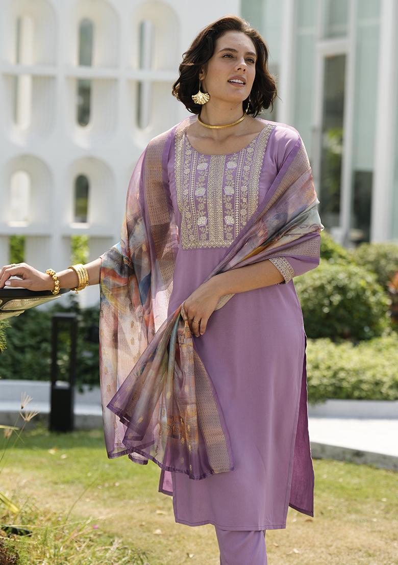 Purple Viscose Printed Kurta Set