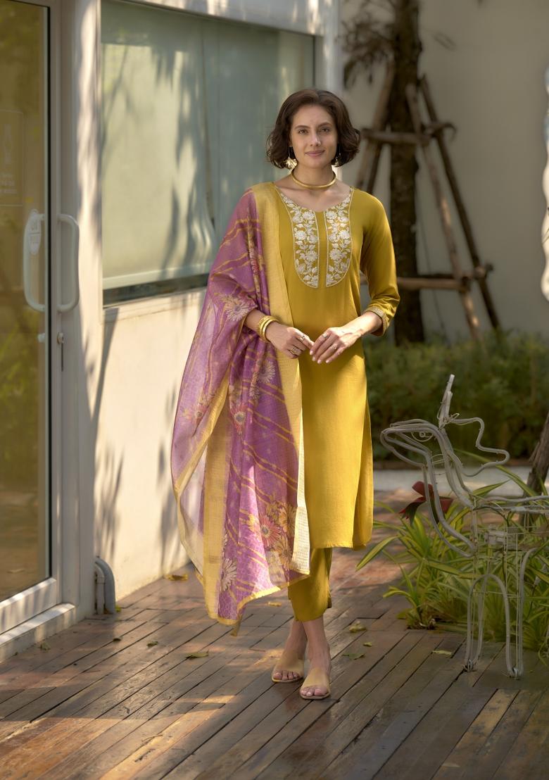 Yellow Viscose Printed Kurta Set