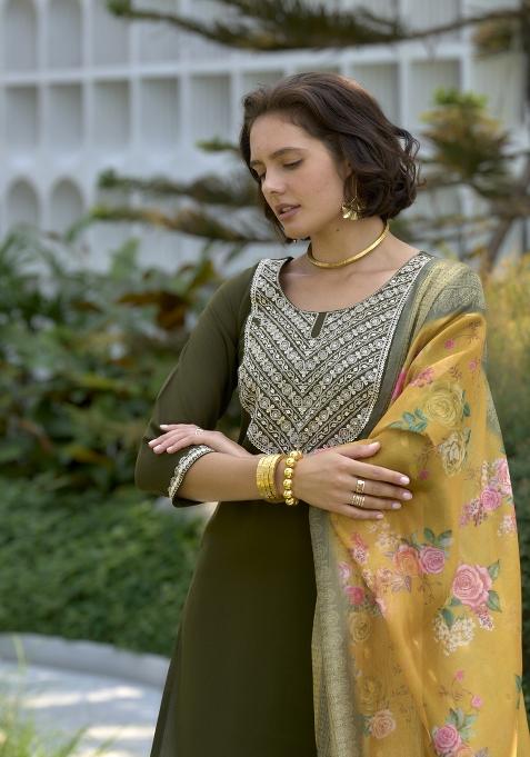 Green Viscose Printed Kurta Set