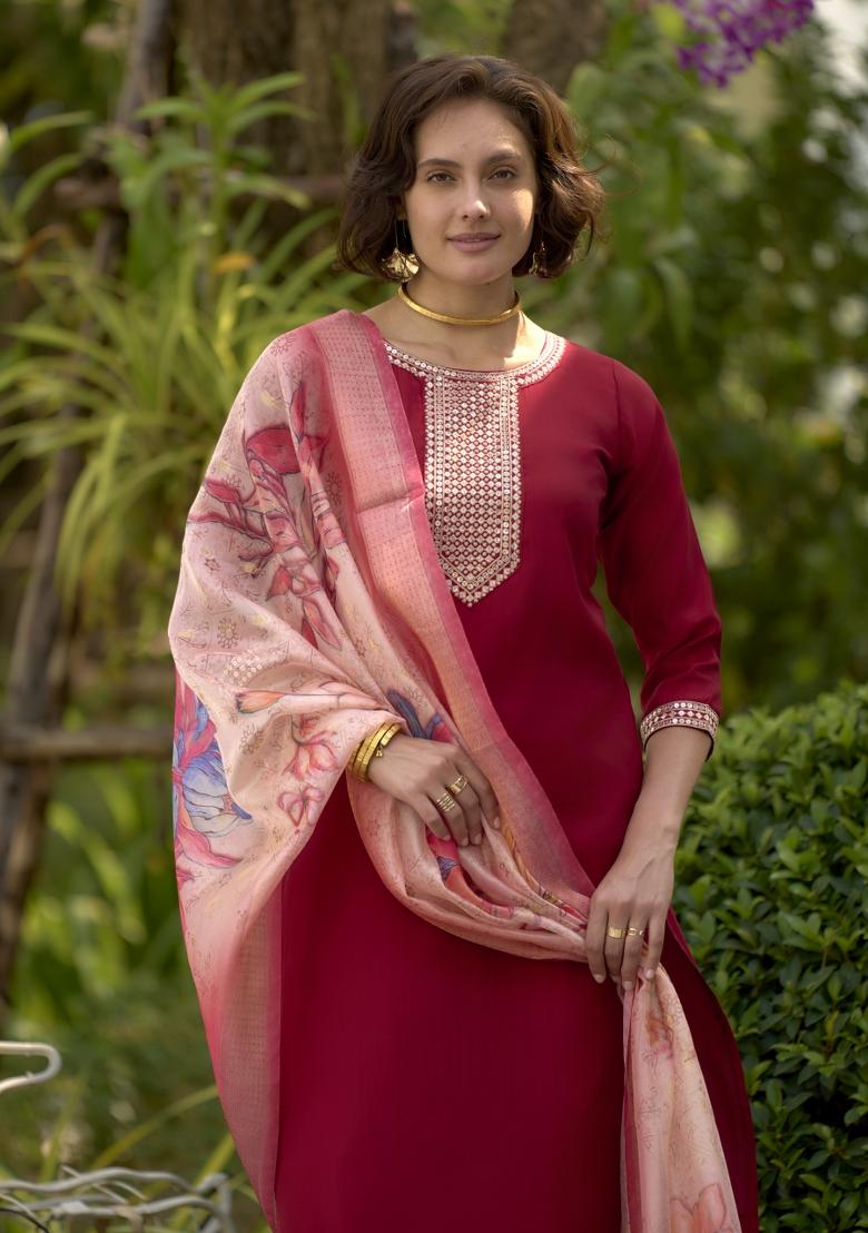 Red Poly Blend Printed Kurta Set