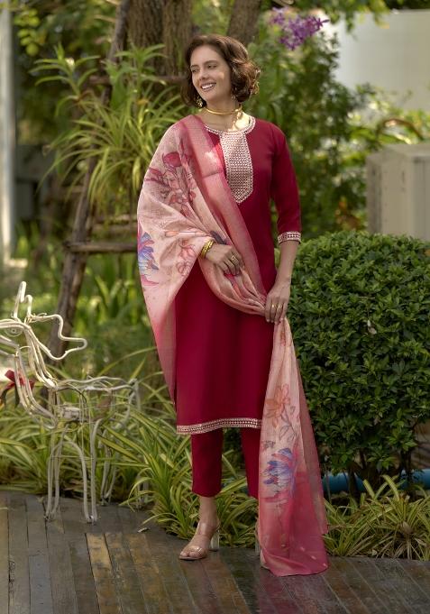 Red Poly Blend Printed Kurta Set