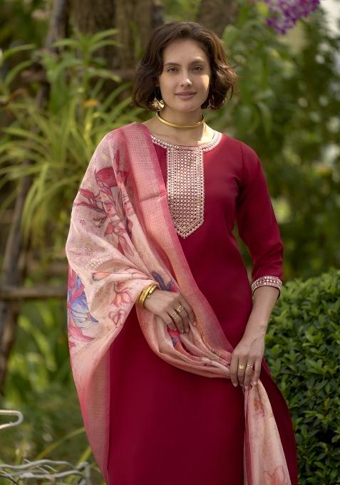 Red Poly Blend Printed Kurta Set