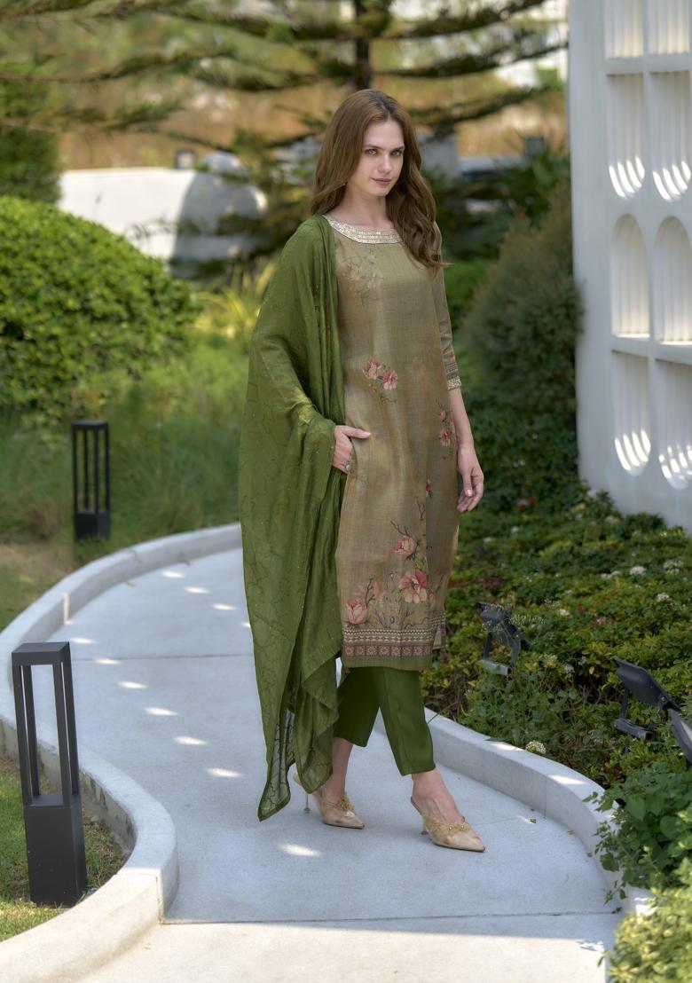 Green Tissue Thread Work Kurta Set