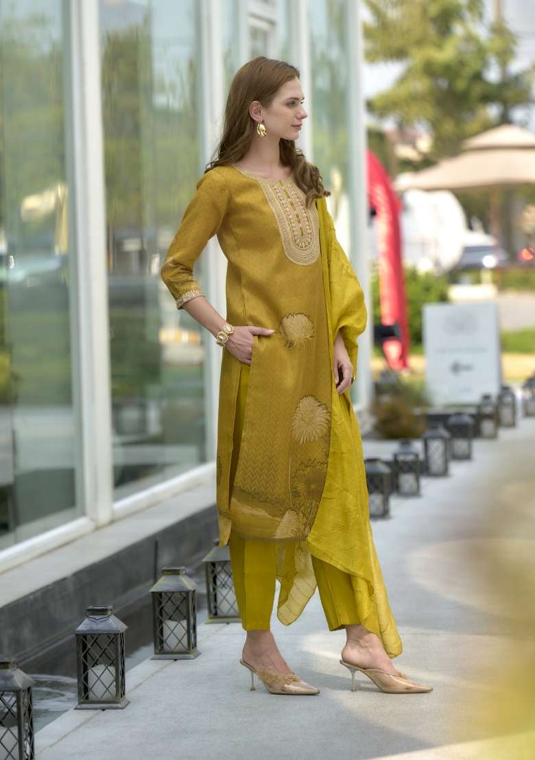 Yellow Tissue Thread Work Kurta Set - Indya