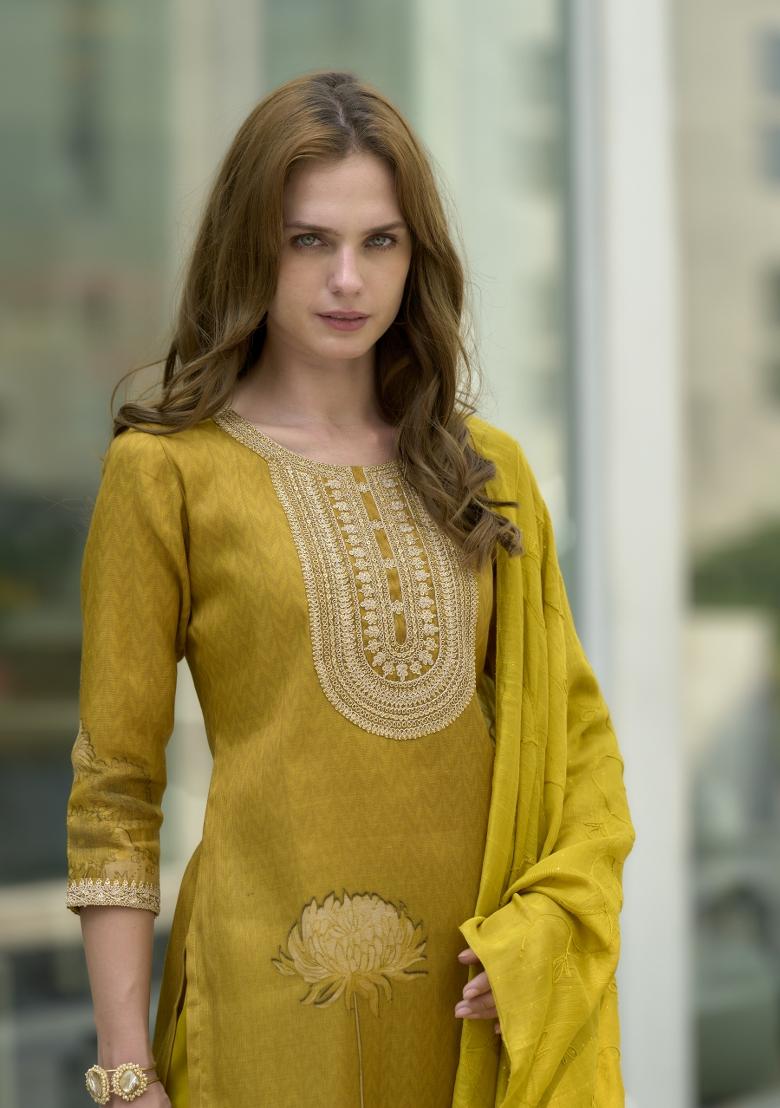 Yellow Tissue Thread Work Kurta Set