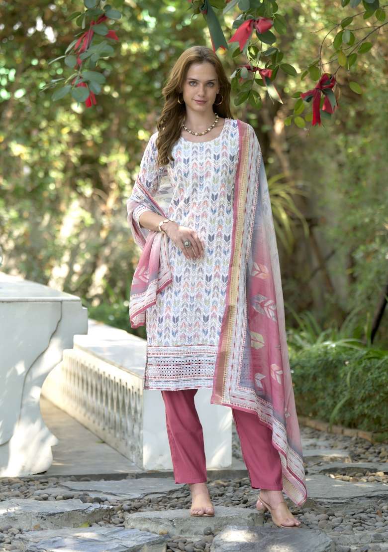 White Pure Cotton Printed Kurta Set - Indya